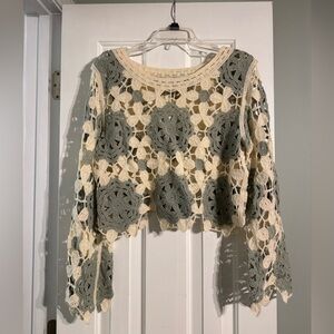 Hem & Thread Crochet Lace Crop Top - Cream and Gray